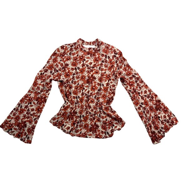 Floral Bell Sleeve Blouse S Andrée By Unit Open Back Rust Orange Cottage Fairy - Picture 1 of 11